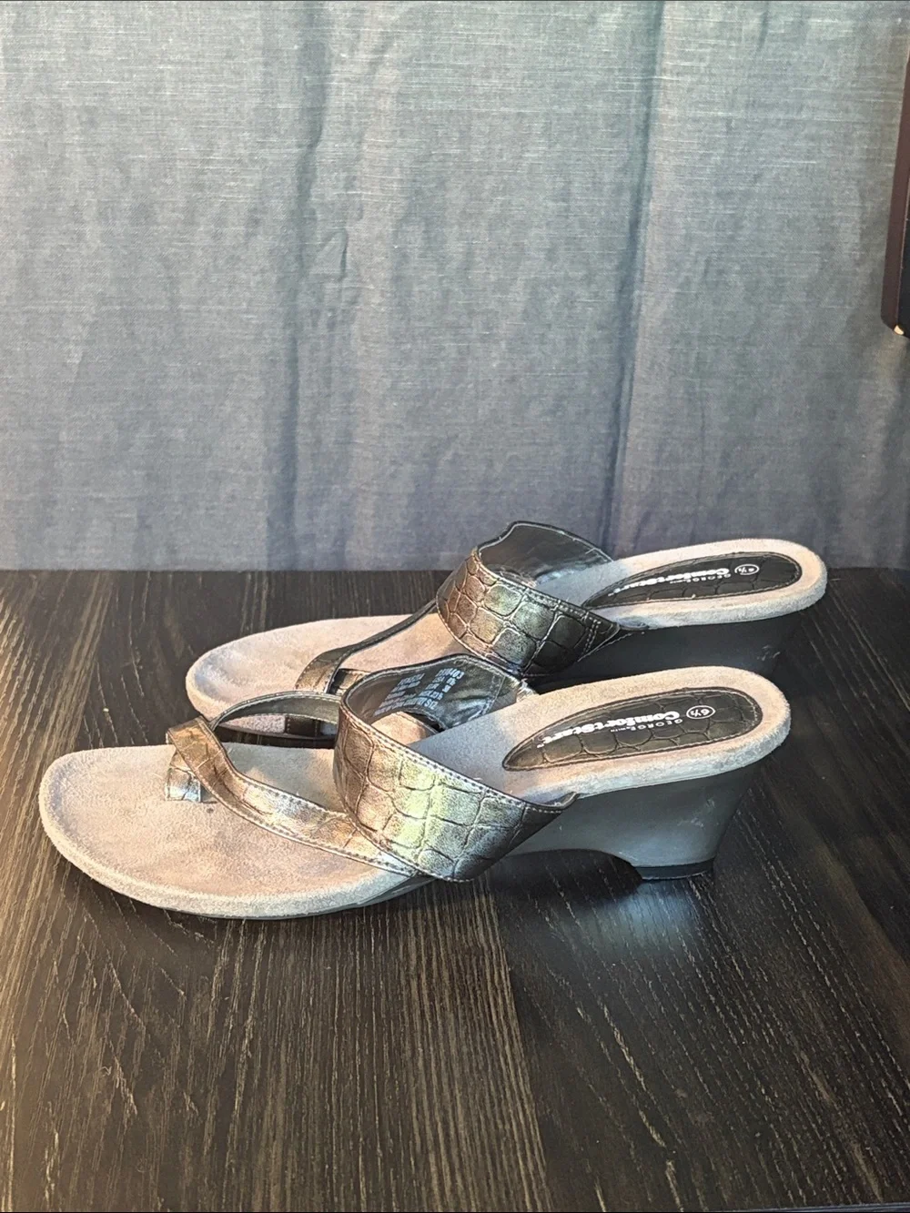 George Metallic Bronze Croc-Embossed Slide Sandals with Crisscross Straps